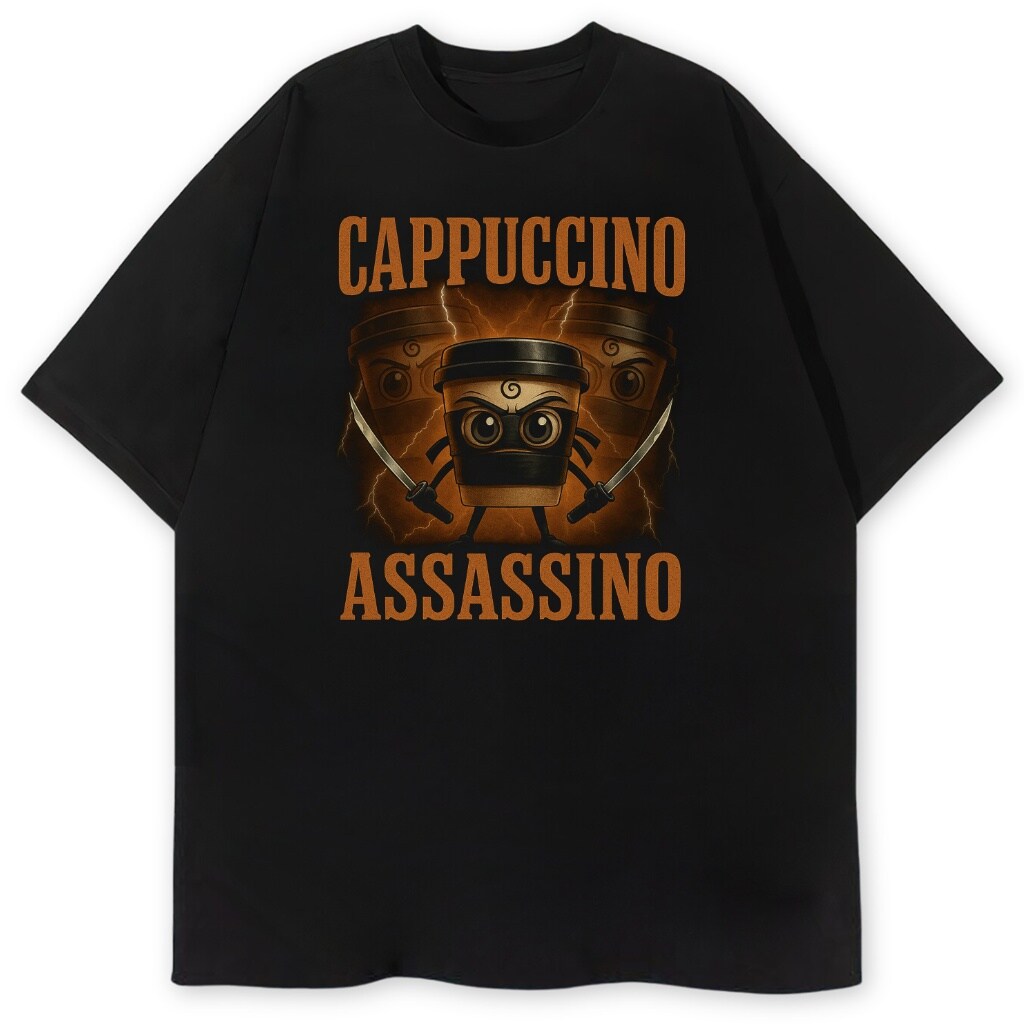 T-shirt Cappuccino Assassino z kawowym ninja i mieczami