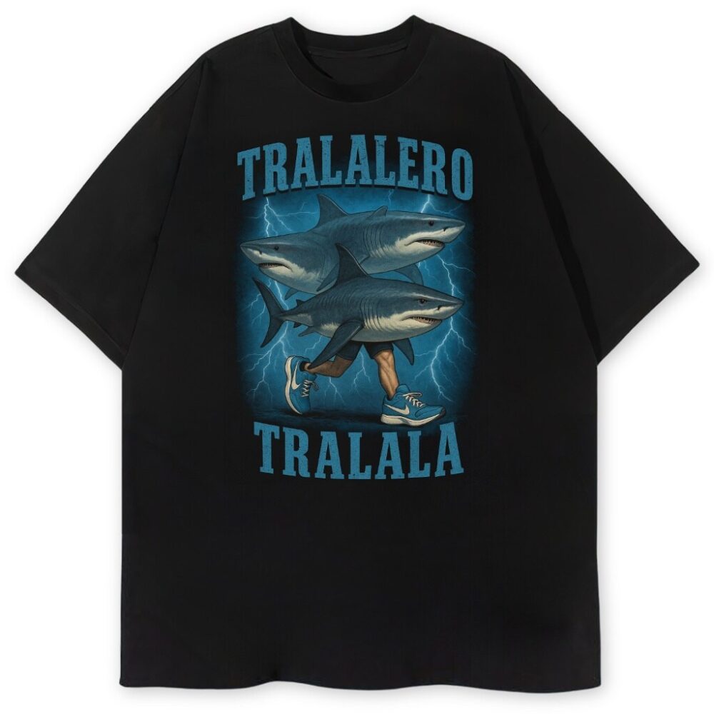 T-shirt Tralalero Tralala z biegającymi rekinami i napisem