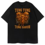 T-shirt Tung Tung Tung Sahur z pomarańczową grafiką memiczną, wersja czarna