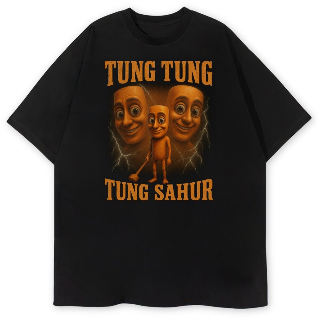 T-shirt Tung Tung Tung Sahur z pomarańczową grafiką memiczną, wersja czarna