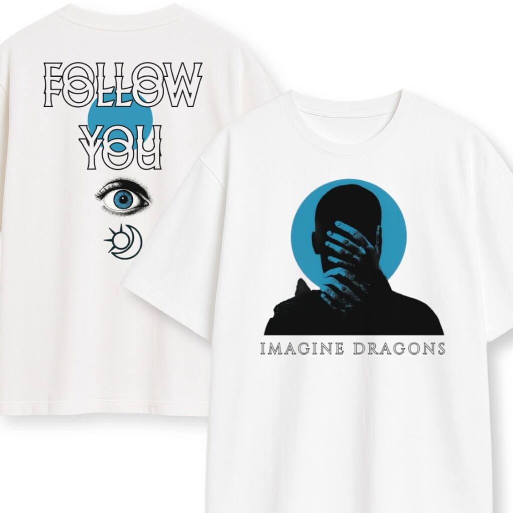 t-shirt-dwustronny-imagine-dragons-follow-you-merch Dwustronna koszulka Imagine Dragons Follow You – przód z sylwetką, tył z napisem i okiem
