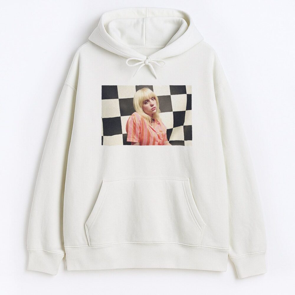 Bluza z kapturem Billie Eilish Chessboard z pastelową grafiką i szachownicą