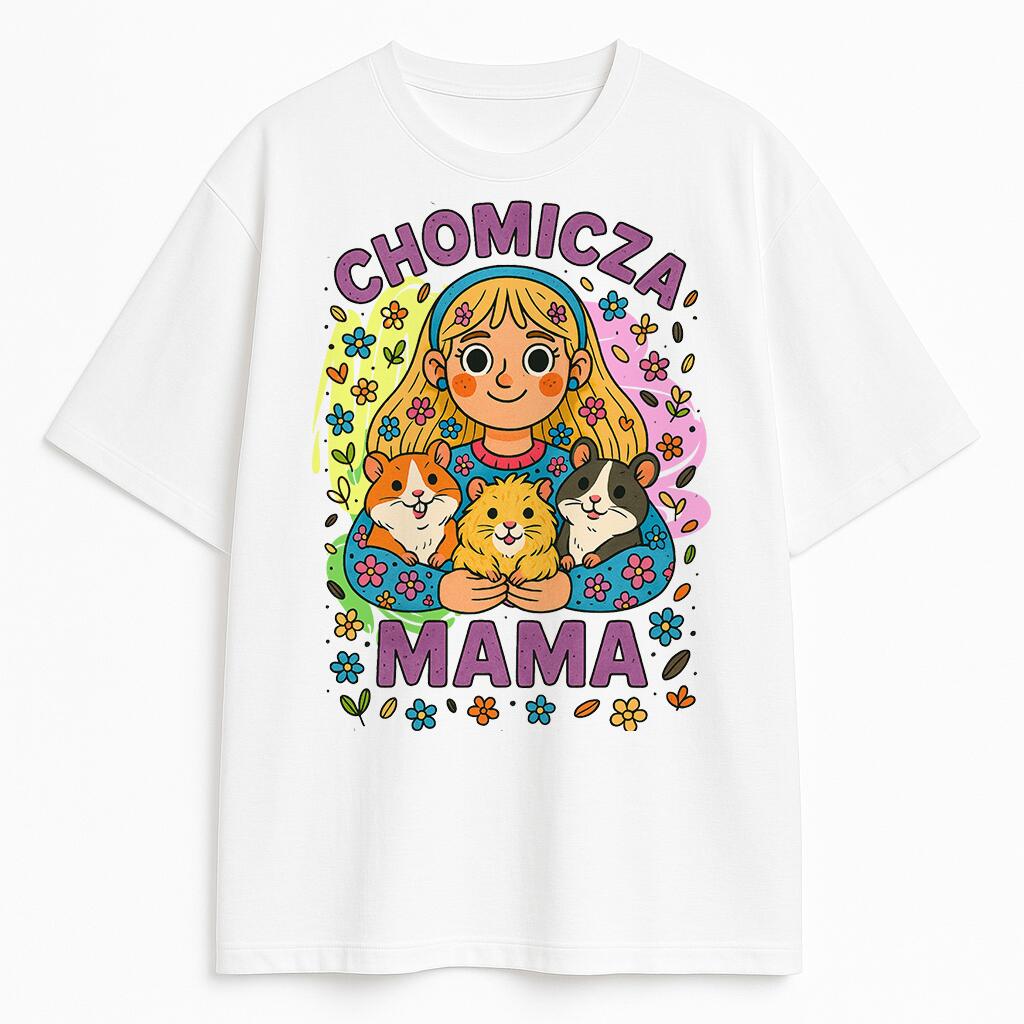 Biała koszulka z kolorowym nadrukiem dziewczyny i trzech chomików