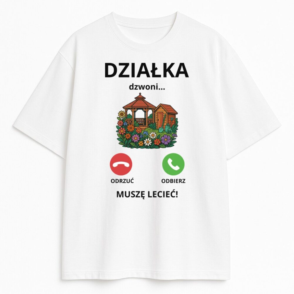 Koszulka Działka Dzwoni Muszę Lecieć z grafiką altany i kwiatów w stylu smartfonowego połączenia