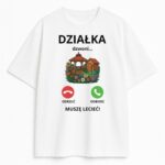 Koszulka Działka Dzwoni Muszę Lecieć z grafiką altany i kwiatów w stylu smartfonowego połączenia