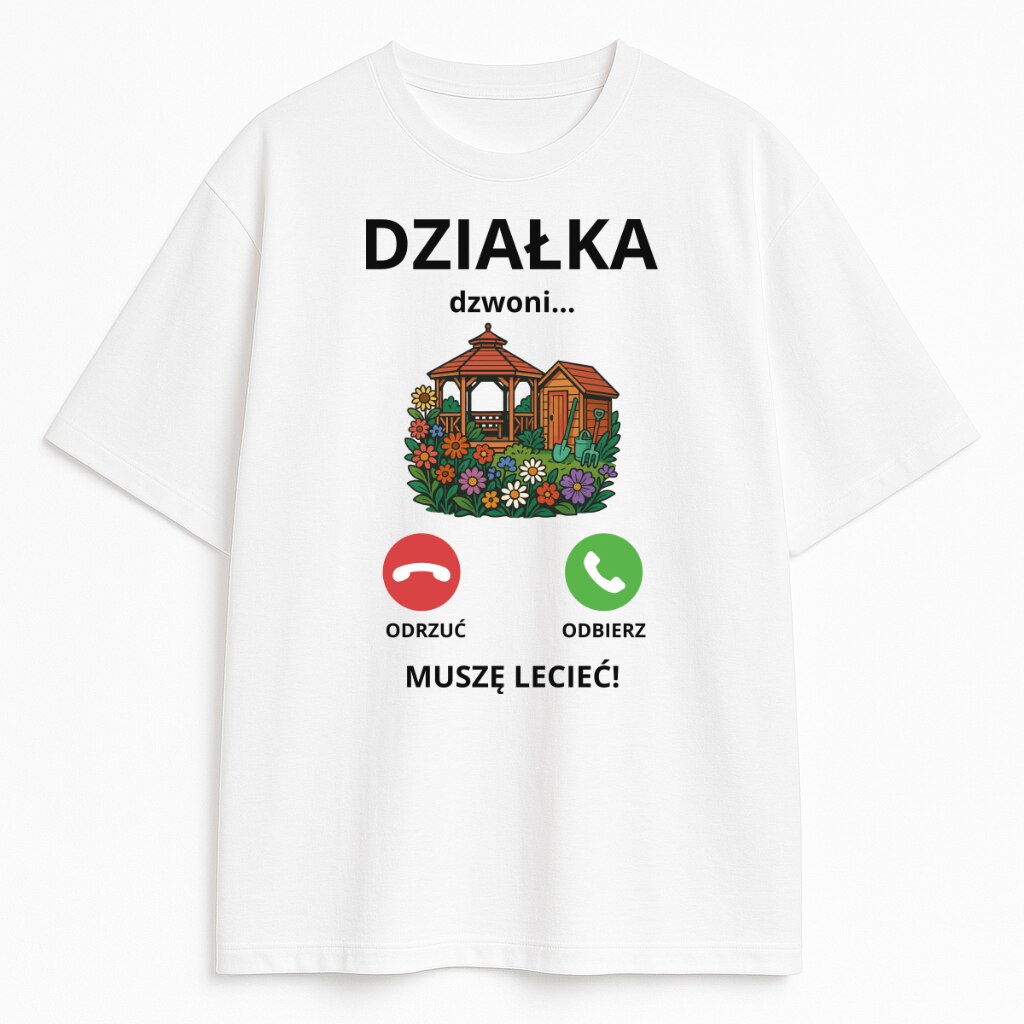 Koszulka Działka Dzwoni Muszę Lecieć z grafiką altany i kwiatów w stylu smartfonowego połączenia