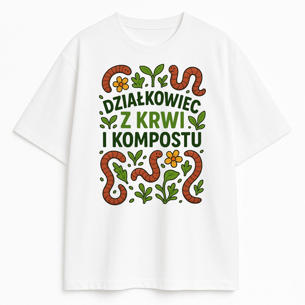 Koszulka Działkowiec z krwi i kompostu z nadrukiem roślin i dżdżownic
