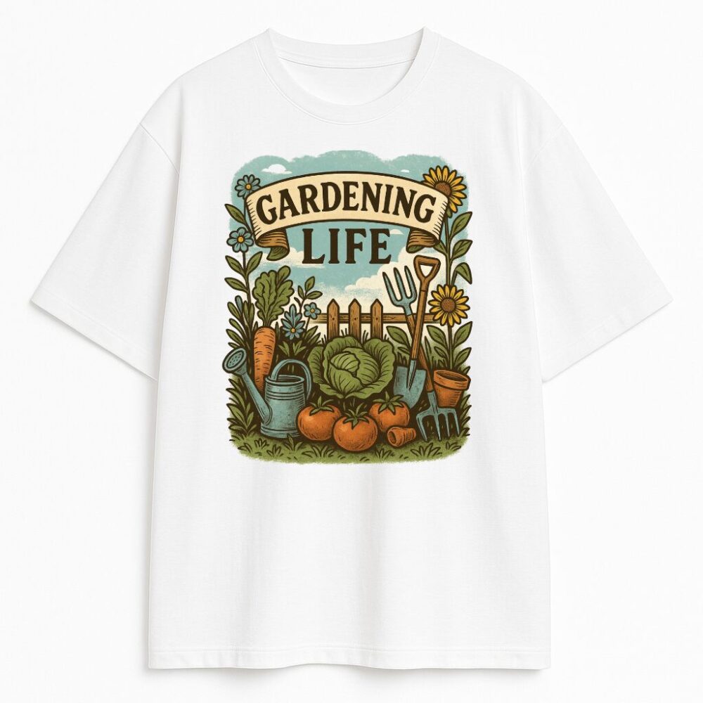 Koszulka Gardening Life z grafiką warzyw, narzędzi i ogrodu