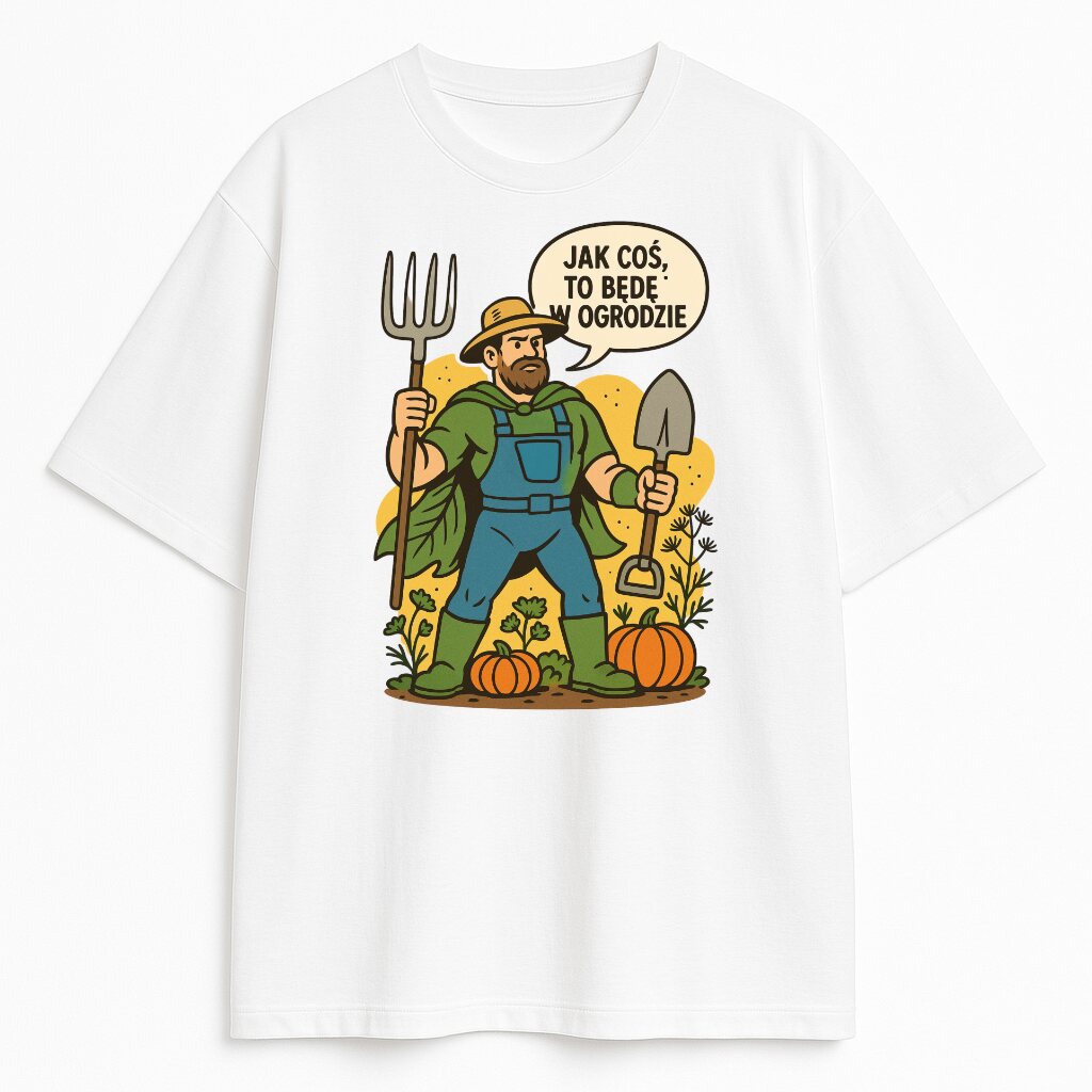 Koszulka Jak Coś, To Będę w Ogrodzie z nadrukiem ogrodnika i tekstem w dymku