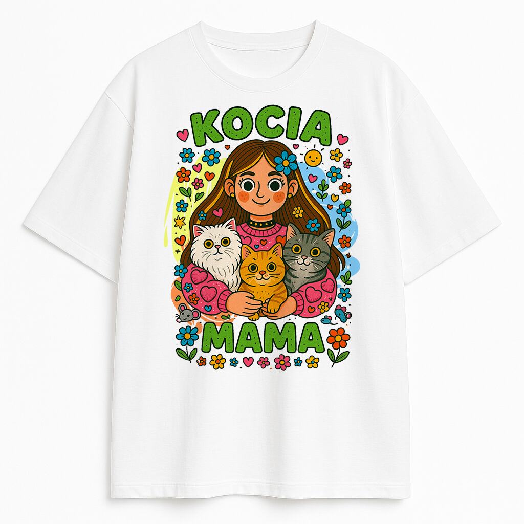 T-shirt Kocia Mama – dziewczyna z trzema kotami na białym tle