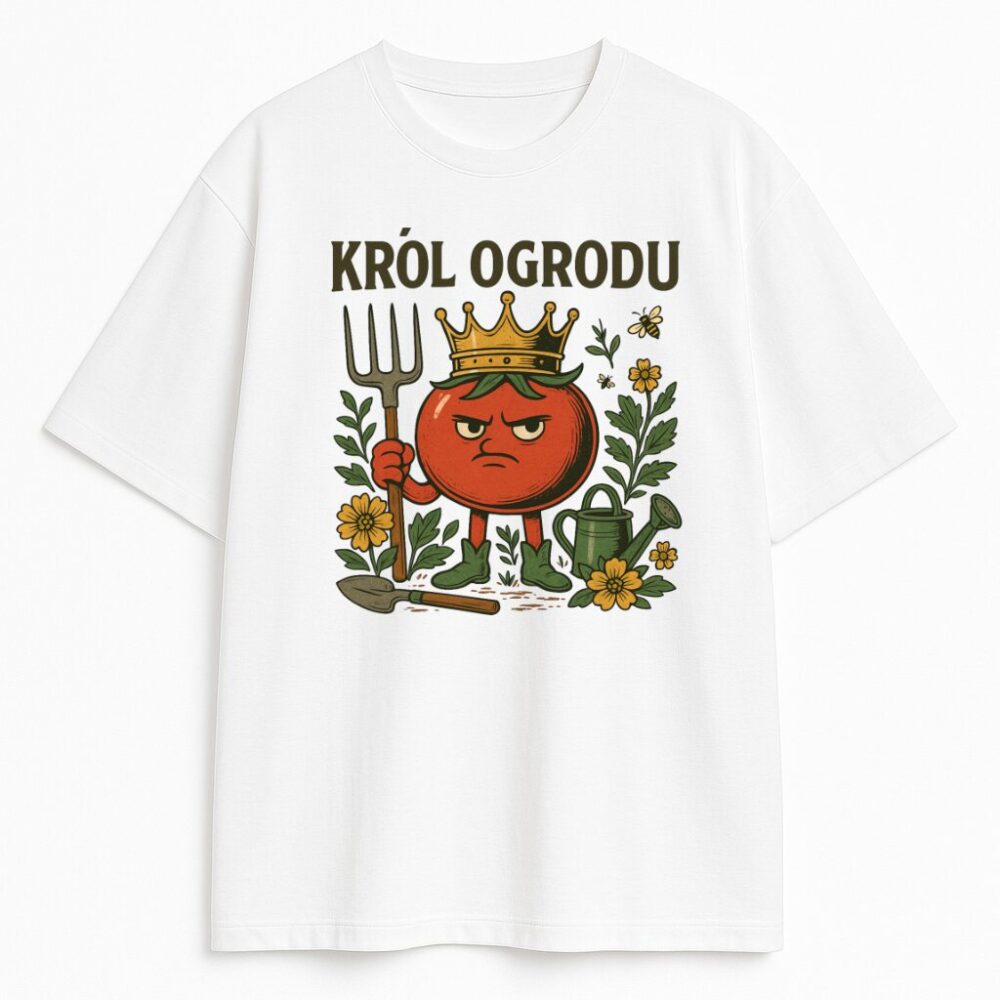 Koszulka Król Ogrodu z zabawnym nadrukiem pomidora i motywem roślinnym
