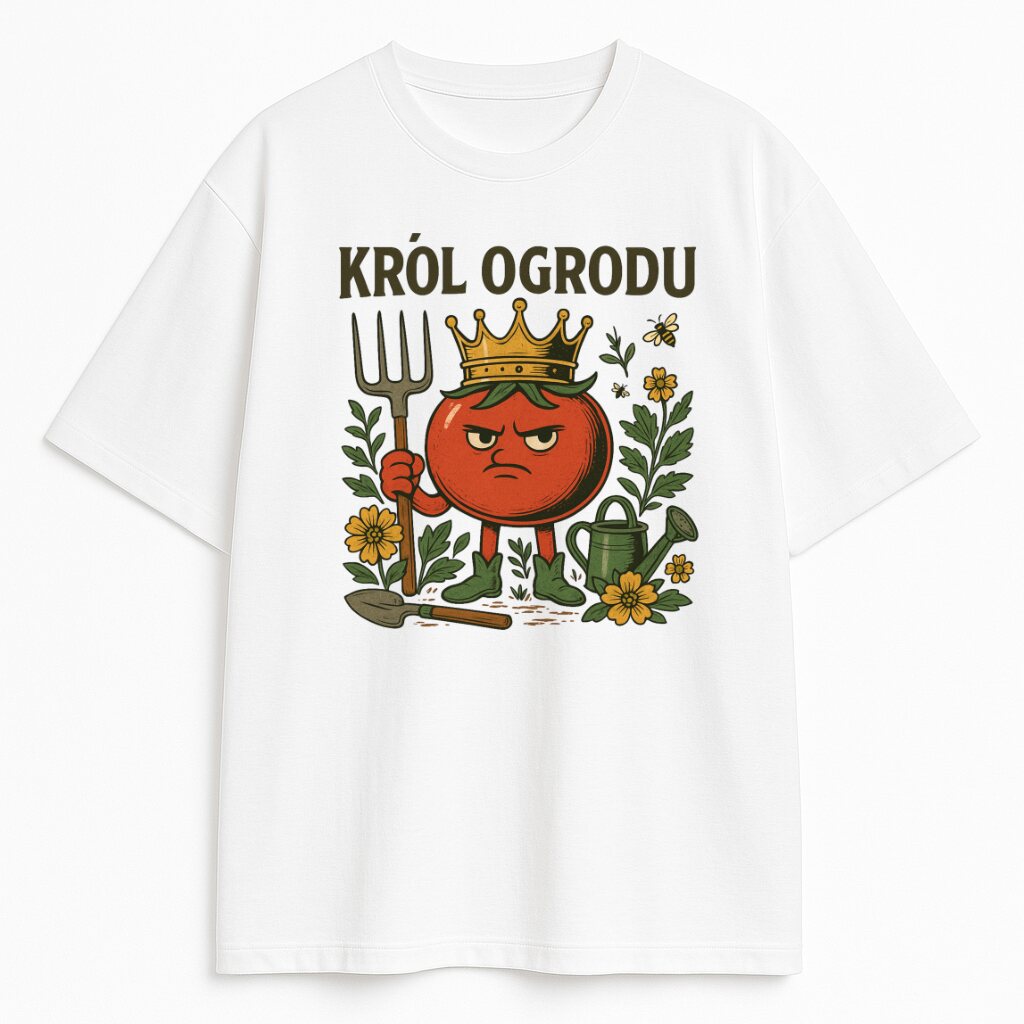 Koszulka Król Ogrodu z zabawnym nadrukiem pomidora i motywem roślinnym
