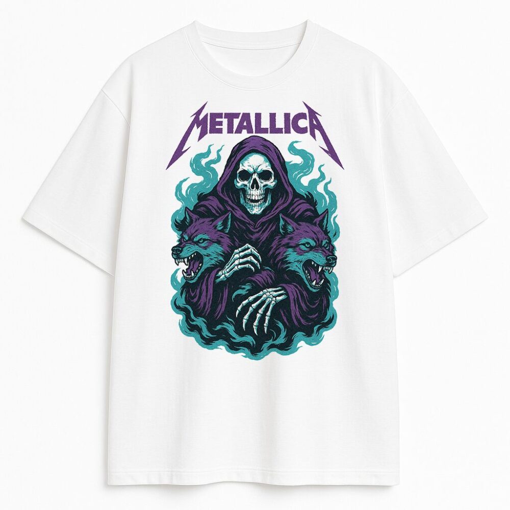 T-shirt Metallica Hunter z grafiką czaszki i dwóch wilków