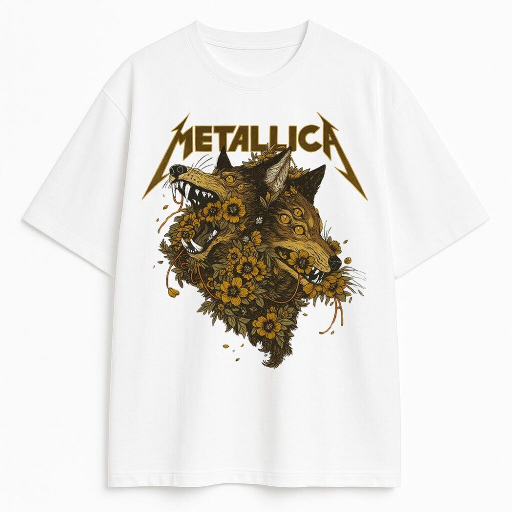 Biała koszulka Metallica z grafiką dwóch wilków wśród kwiatów i złotym logo – model Wolfs and Flowers