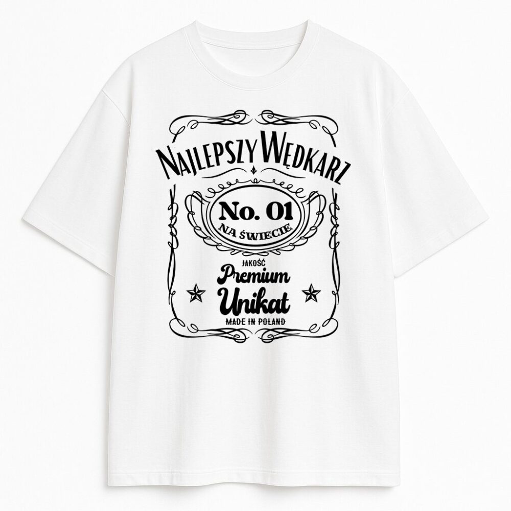 Biała koszulka z ozdobnym napisem „Najlepszy Wędkarz No. 01 – Premium Unikat, Made in Poland”