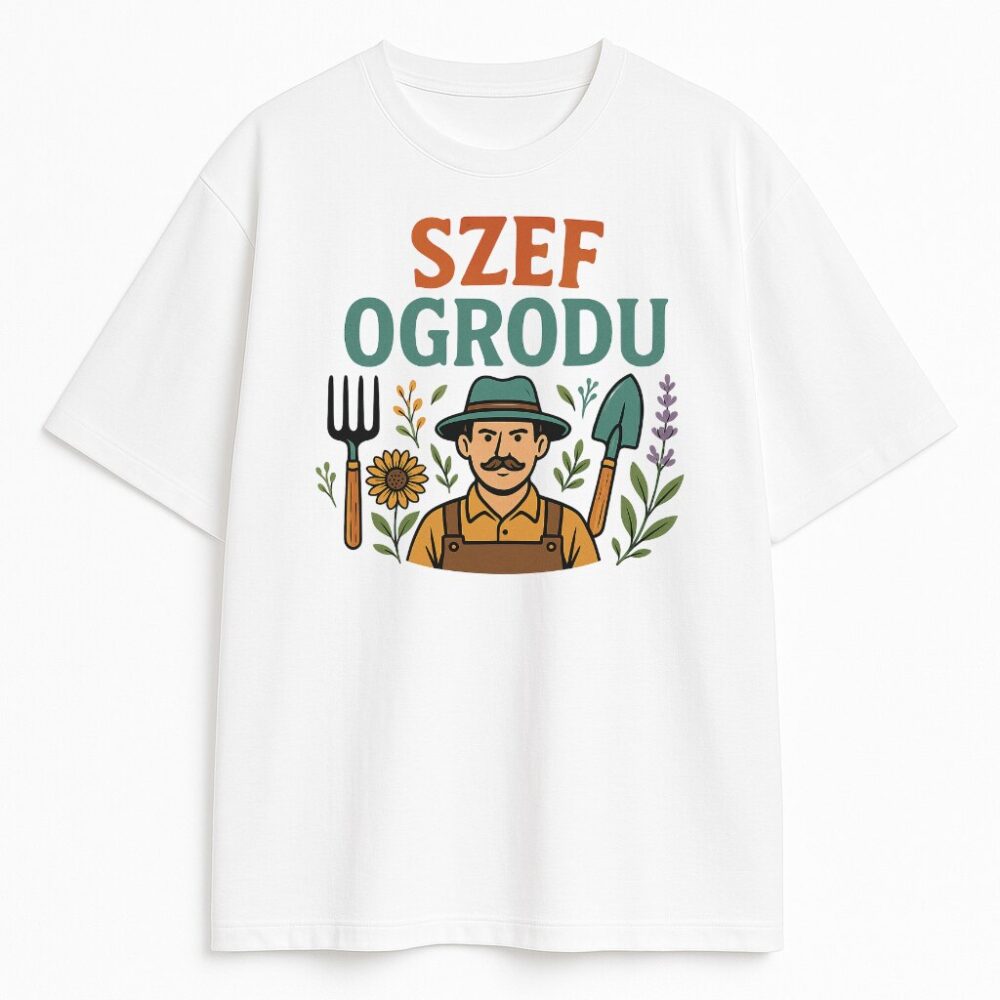 Koszulka Szef Ogrodu z kolorową grafiką ogrodnika i narzędziami na tle roślin