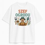 Koszulka Szef Ogrodu z kolorową grafiką ogrodnika i narzędziami na tle roślin