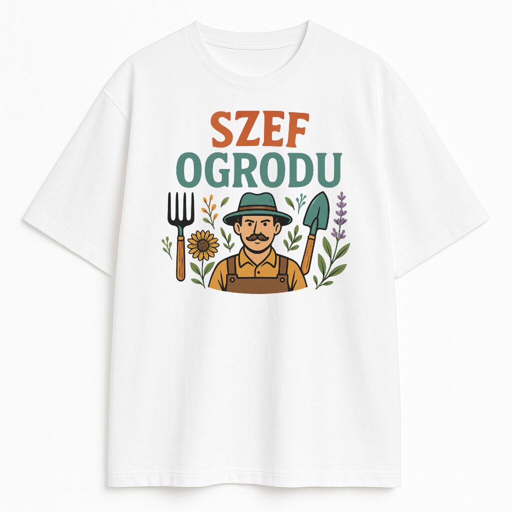 Koszulka Szef Ogrodu z kolorową grafiką ogrodnika i narzędziami na tle roślin