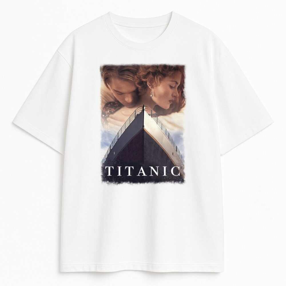 Biała koszulka z plakatem filmowym Titanic i bohaterami Jack i Rose