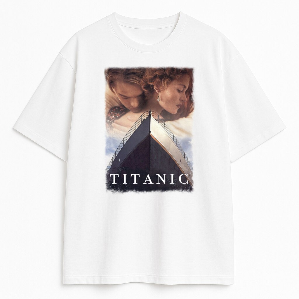 Biała koszulka z plakatem filmowym Titanic i bohaterami Jack i Rose