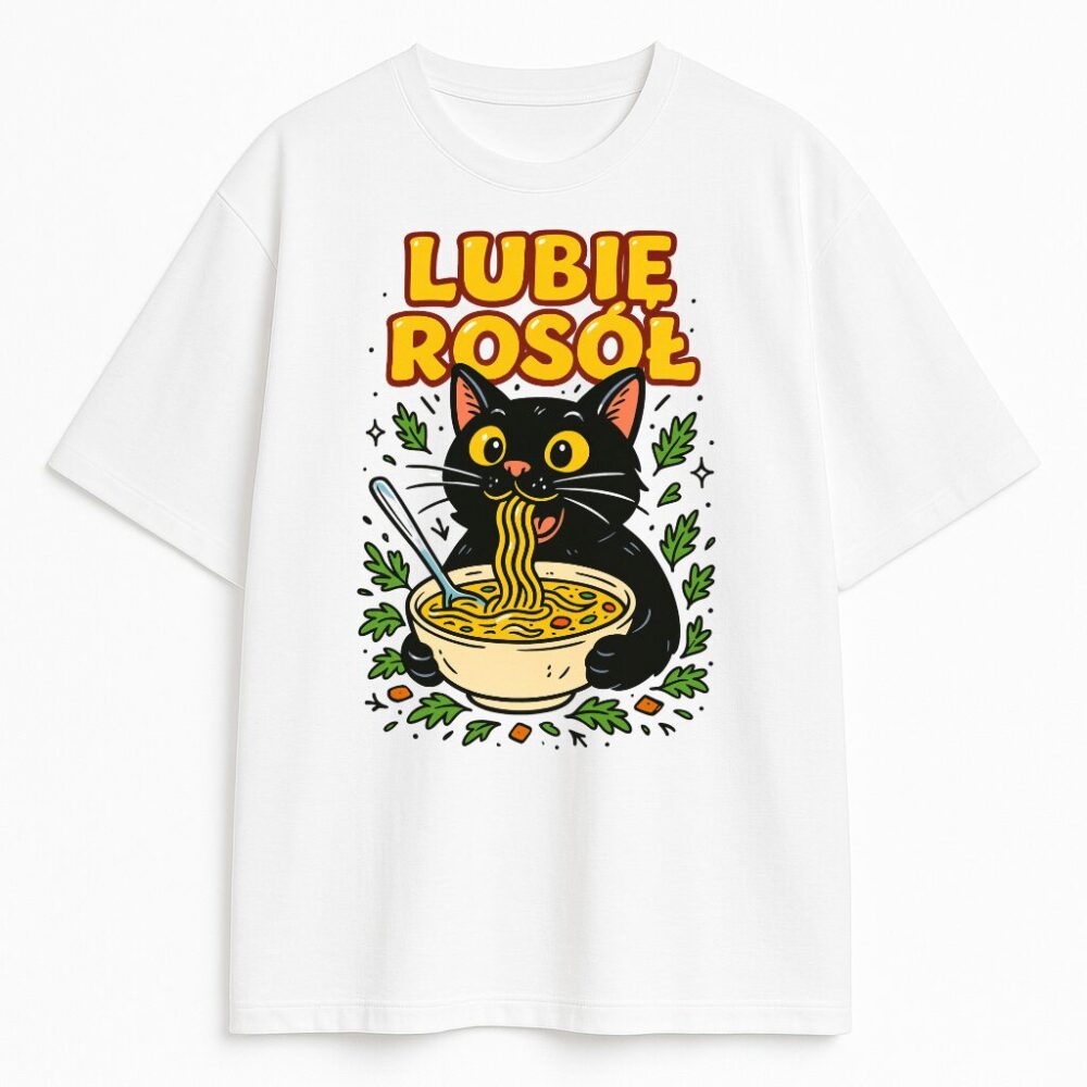 T-shirt Lubię Rosół Kot – czarny kot z miską zupy na białej koszulce