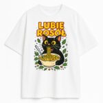 T-shirt Lubię Rosół Kot – czarny kot z miską zupy na białej koszulce