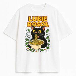 T-shirt Lubię Rosół Kot – czarny kot z miską zupy na białej koszulce
