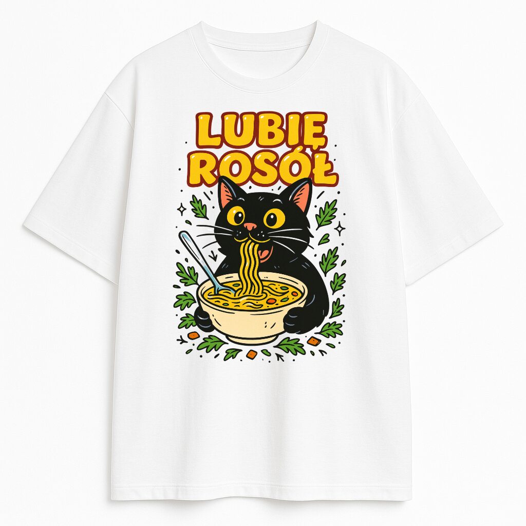 T-shirt Lubię Rosół Kot – czarny kot z miską zupy na białej koszulce