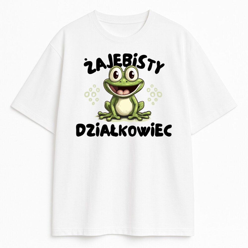 Koszulka Żajebisty Działkowiec z uśmiechniętą żabą i napisem w stylu komiksowym