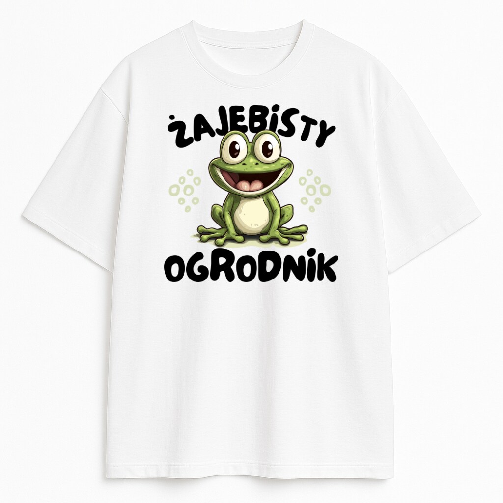 Koszulka Żajebisty Ogrodnik z grafiką szeroko uśmiechniętej żaby i śmiesznym napisem