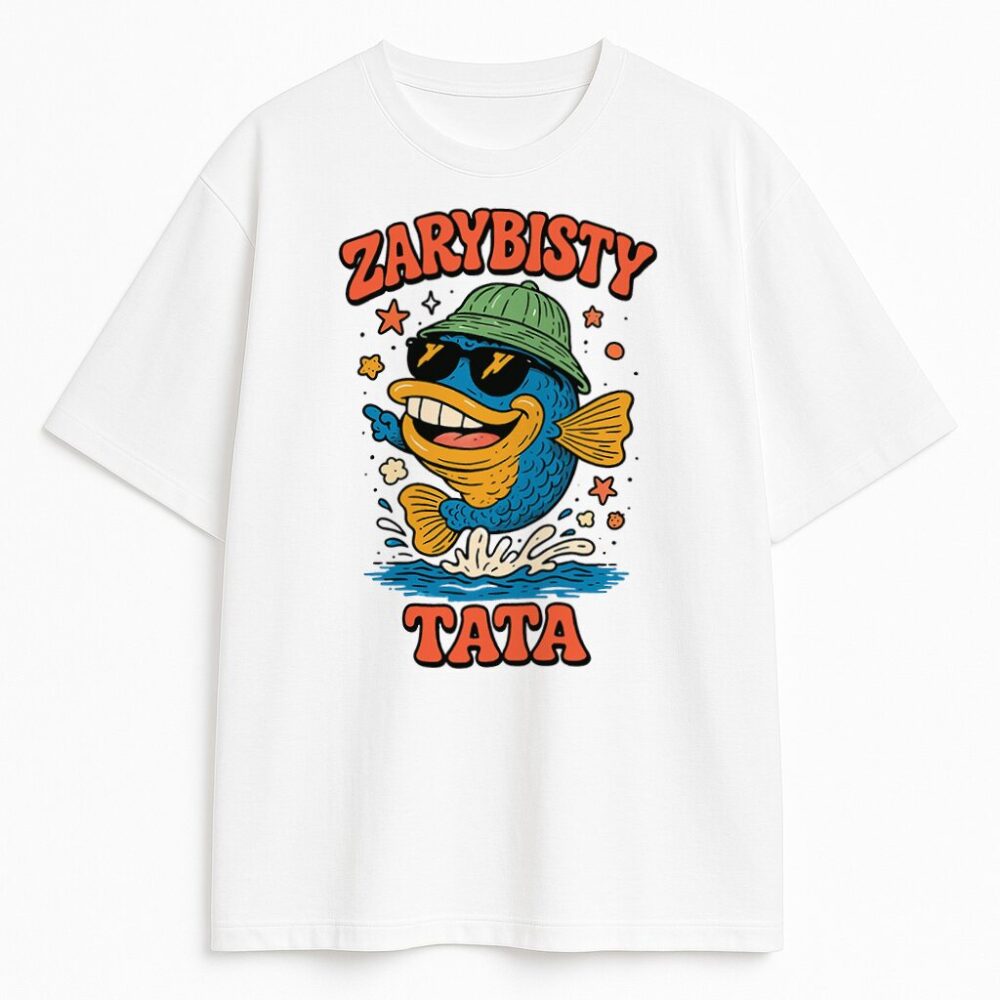 Biała koszulka z nadrukiem ryby i napisem Zarybisty Tata