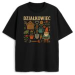T-shirt Działkowiec z kolorowym nadrukiem krasnala, narzędzi i ogrodu