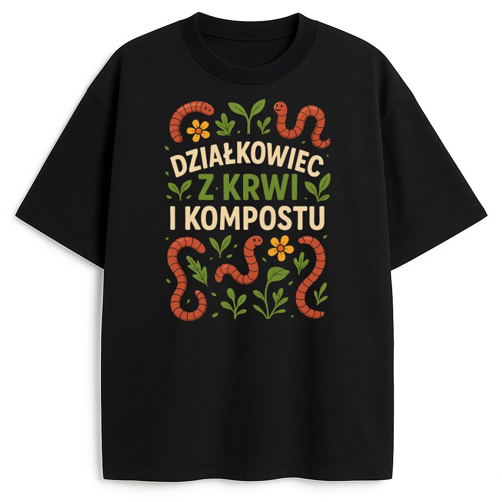 T-shirt Działkowiec z krwi i kompostu z kolorową ilustracją liści i robaczków