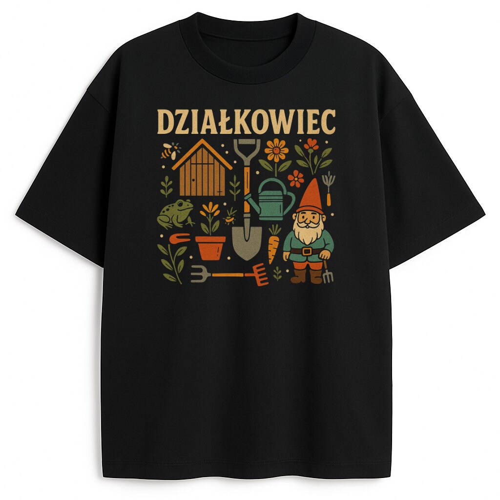 T-shirt Działkowiec z kolorowym nadrukiem krasnala, narzędzi i ogrodu