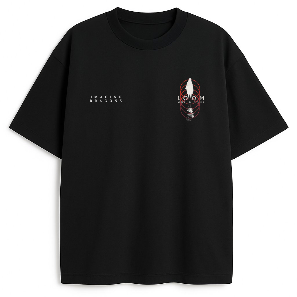Czarna koszulka Imagine Dragons Circles z napisem LOOM World Tour i minimalistycznym logo