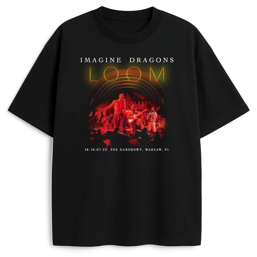 Czarna koszulka z grafiką koncertową Imagine Dragons i napisem LOOM