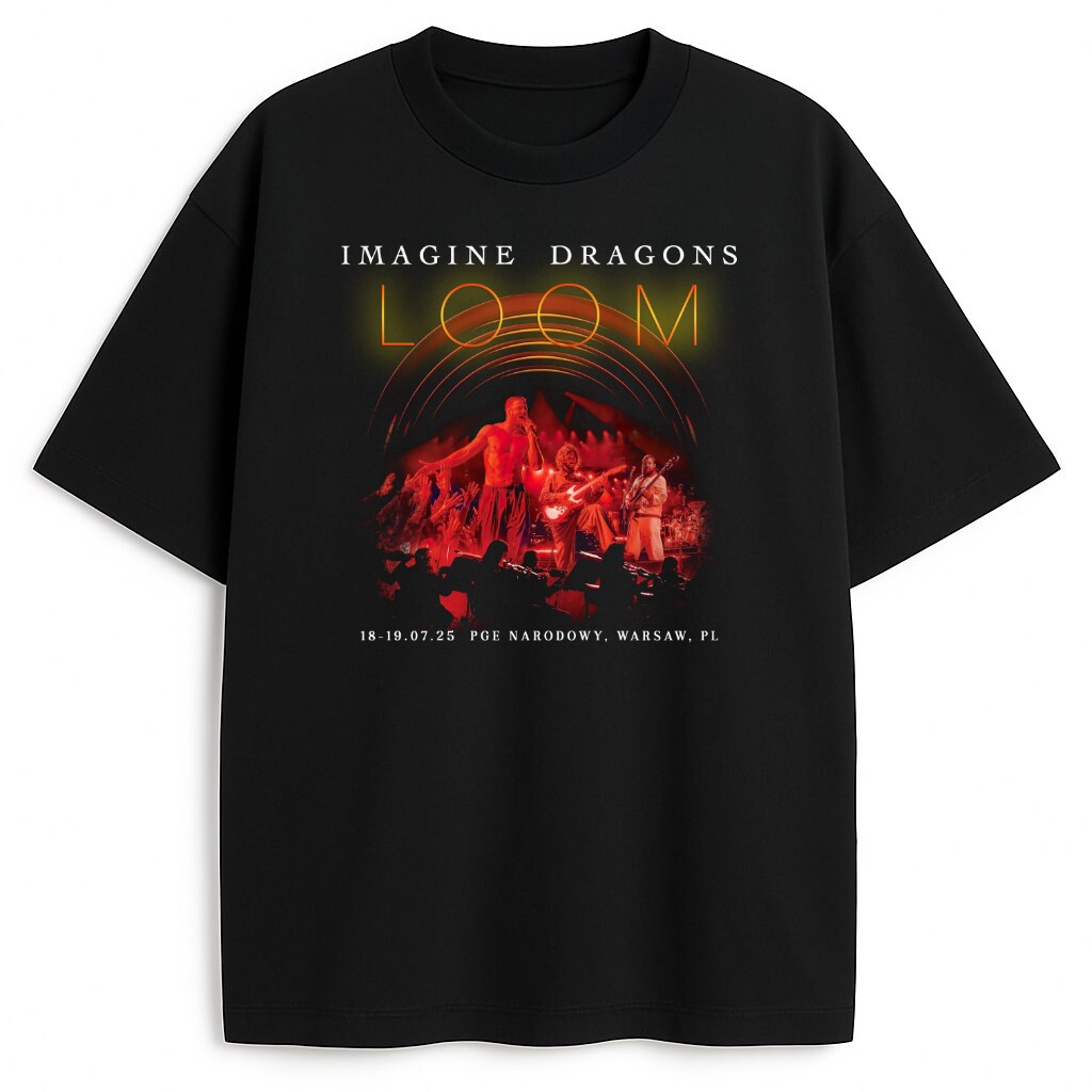 Czarna koszulka z grafiką koncertową Imagine Dragons i napisem LOOM