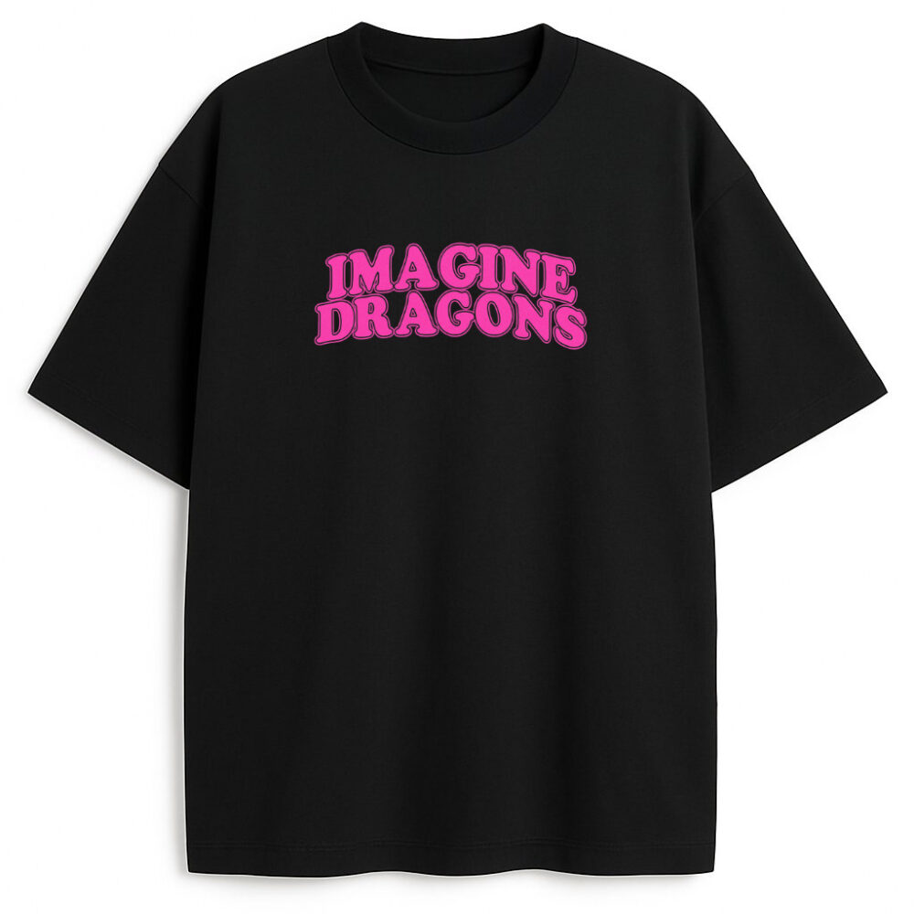 Czarna koszulka z różowym napisem „Imagine Dragons” na piersi