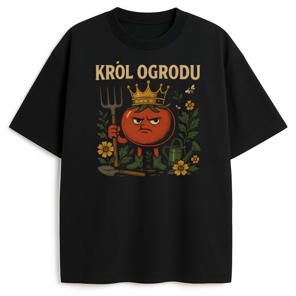 T-shirt Król Ogrodu z pomidorem w koronie, widłami i żółtymi kwiatami