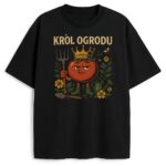 T-shirt Król Ogrodu z pomidorem w koronie, widłami i żółtymi kwiatami