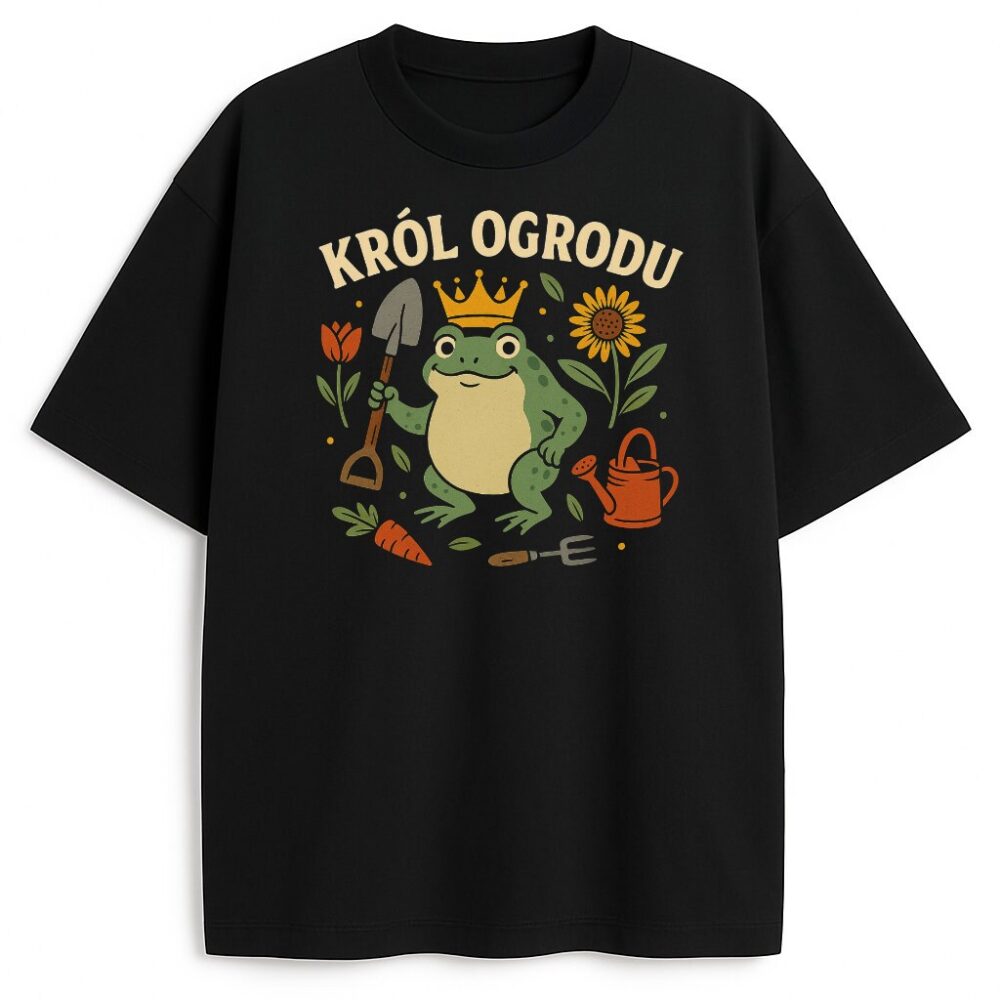 T-shirt Król Ogrodu Żaba z grafiką żaby w koronie i ogrodniczymi elementami