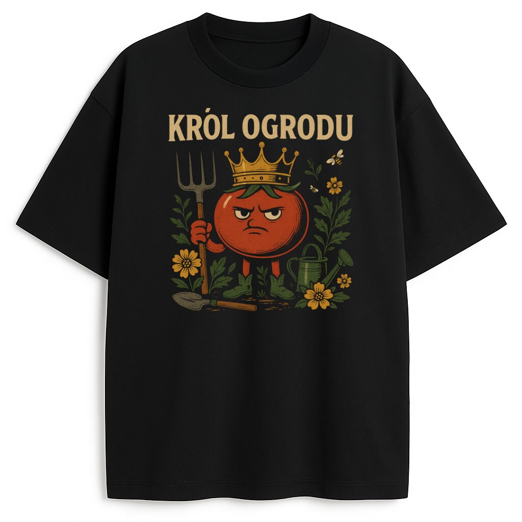 T-shirt Król Ogrodu z pomidorem w koronie, widłami i żółtymi kwiatami