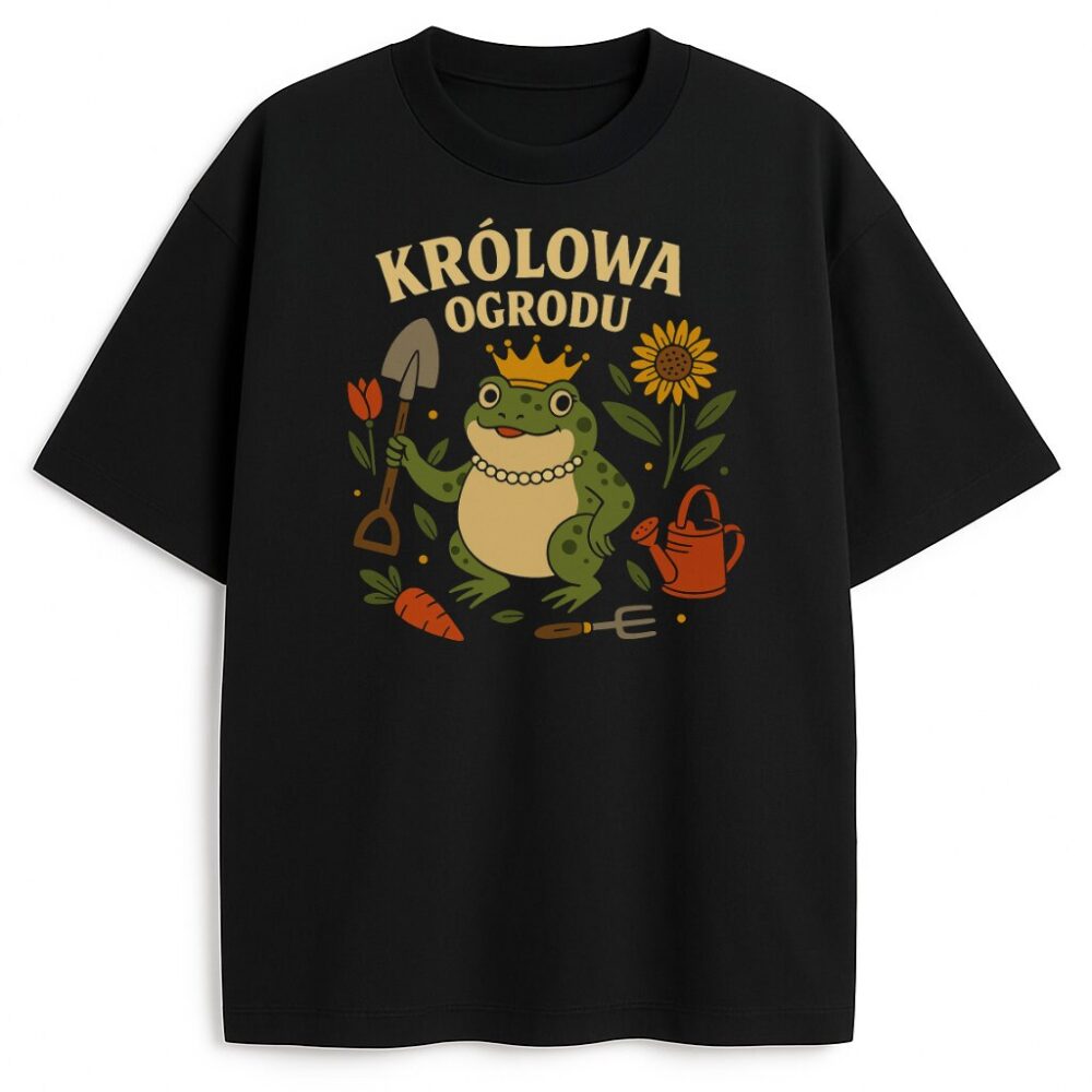 T-shirt Królowa Ogrodu Żaba z nadrukiem żaby w koronie i perłach wśród ogrodowych symboli