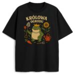T-shirt Królowa Ogrodu Żaba z nadrukiem żaby w koronie i perłach wśród ogrodowych symboli