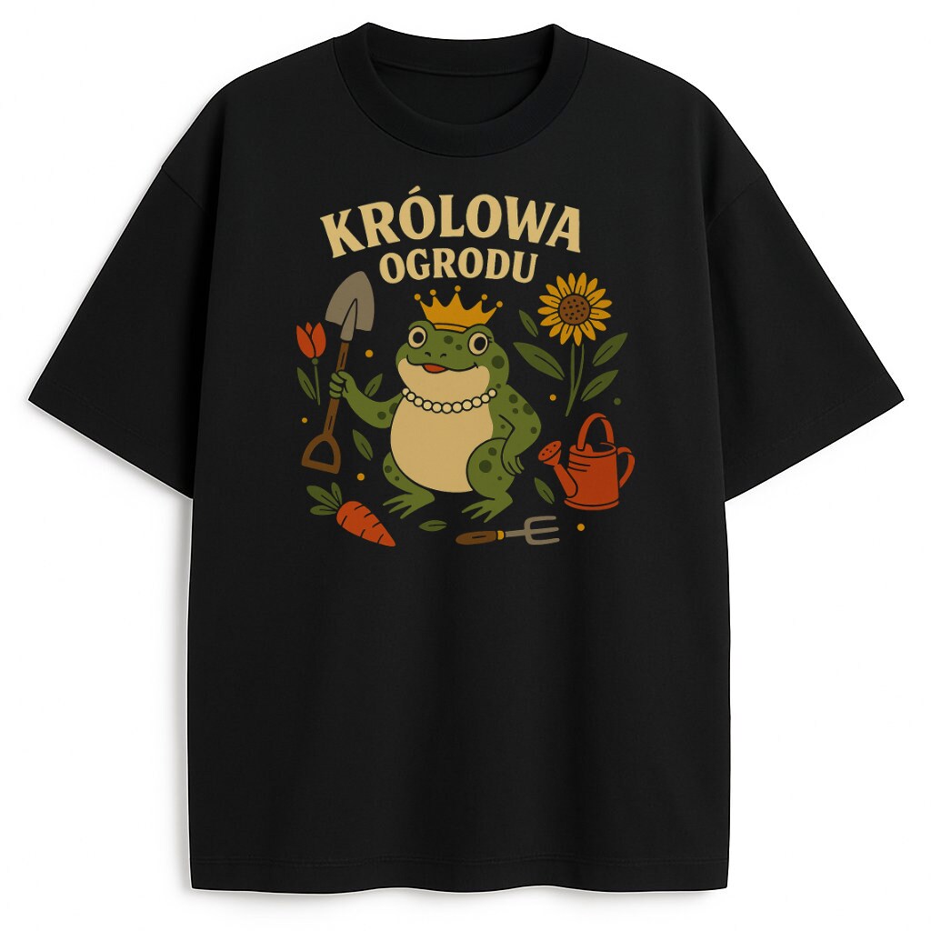 T-shirt Królowa Ogrodu Żaba z nadrukiem żaby w koronie i perłach wśród ogrodowych symboli