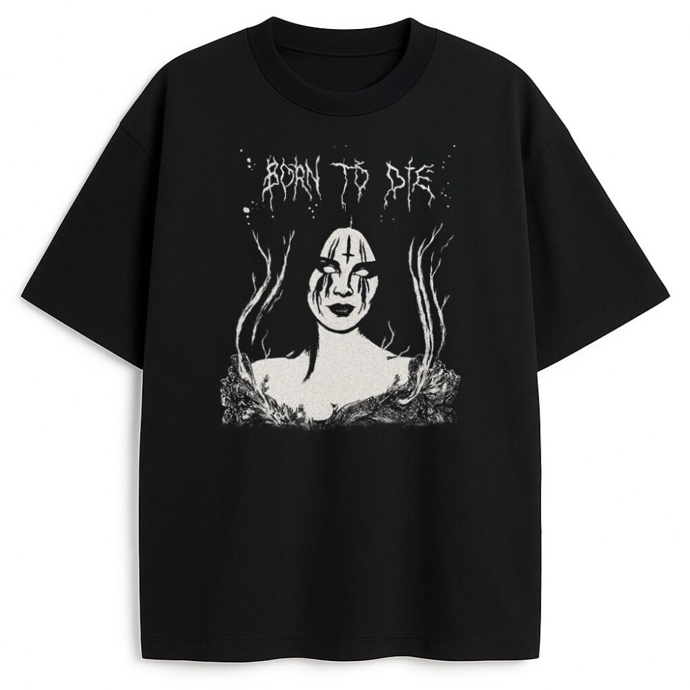 Grunge'owa koszulka z grafiką Born to Die i postacią w stylu dark fantasy