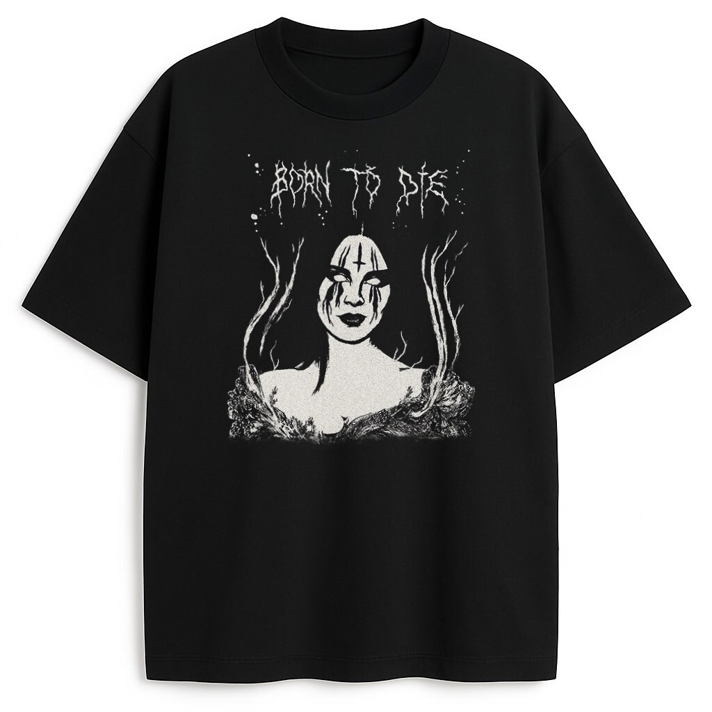 Grunge'owa koszulka z grafiką Born to Die i postacią w stylu dark fantasy