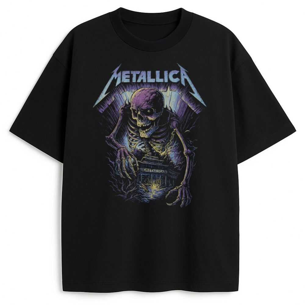 Czarny T-shirt Metallica Welcome Home z fioletowym szkieletem i domem
