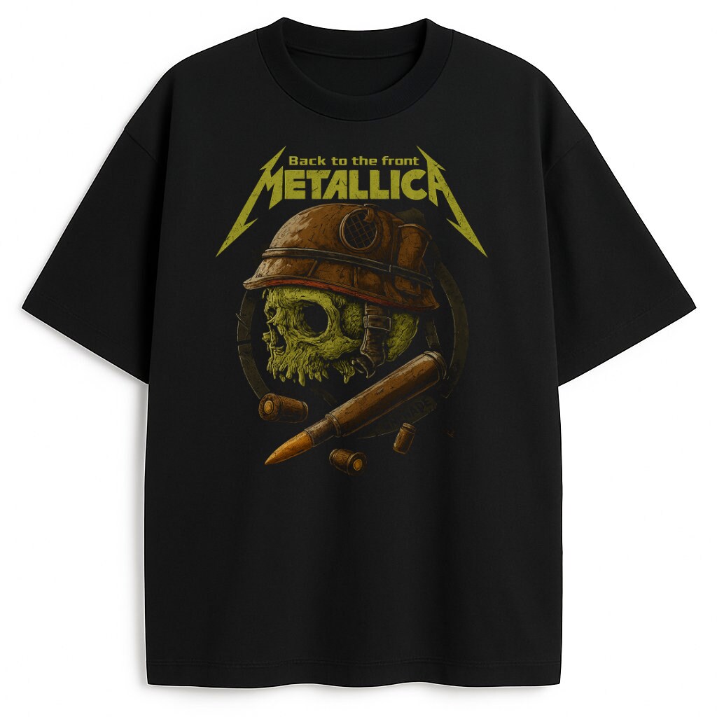 Czarny T-shirt Metallica Back To The Front z czaszką w hełmie i nabojami