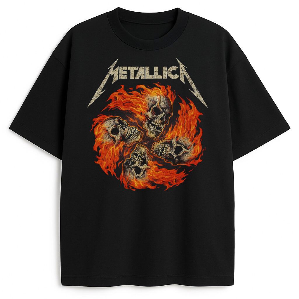 Czarny T-shirt Metallica Death by Fire z ognistym motywem czaszek